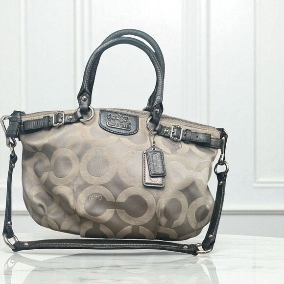 Coach Handbags - Coach Ashley Signature Satchel Khaki & Black Trim Plum Interior